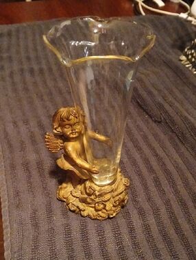 Clear Glass Vase with Gold Cherub Accent - Decorative Home Vase